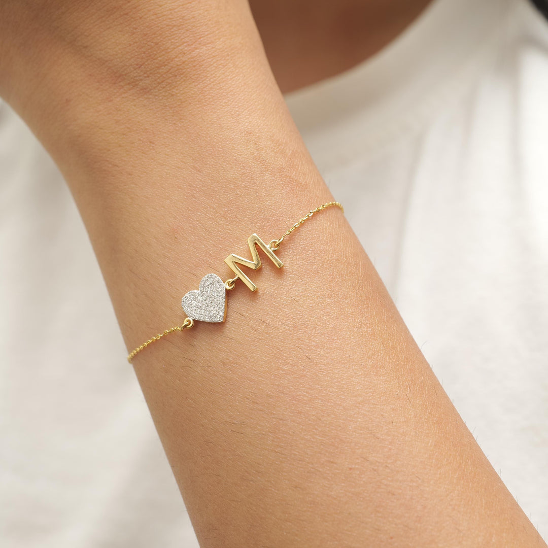 Heart Initial Natural Diamond Bracelet: 14k Solid Gold Personalized Letter Bracelet, Minimalist Custom Chain Jewelry, Ready To Ship