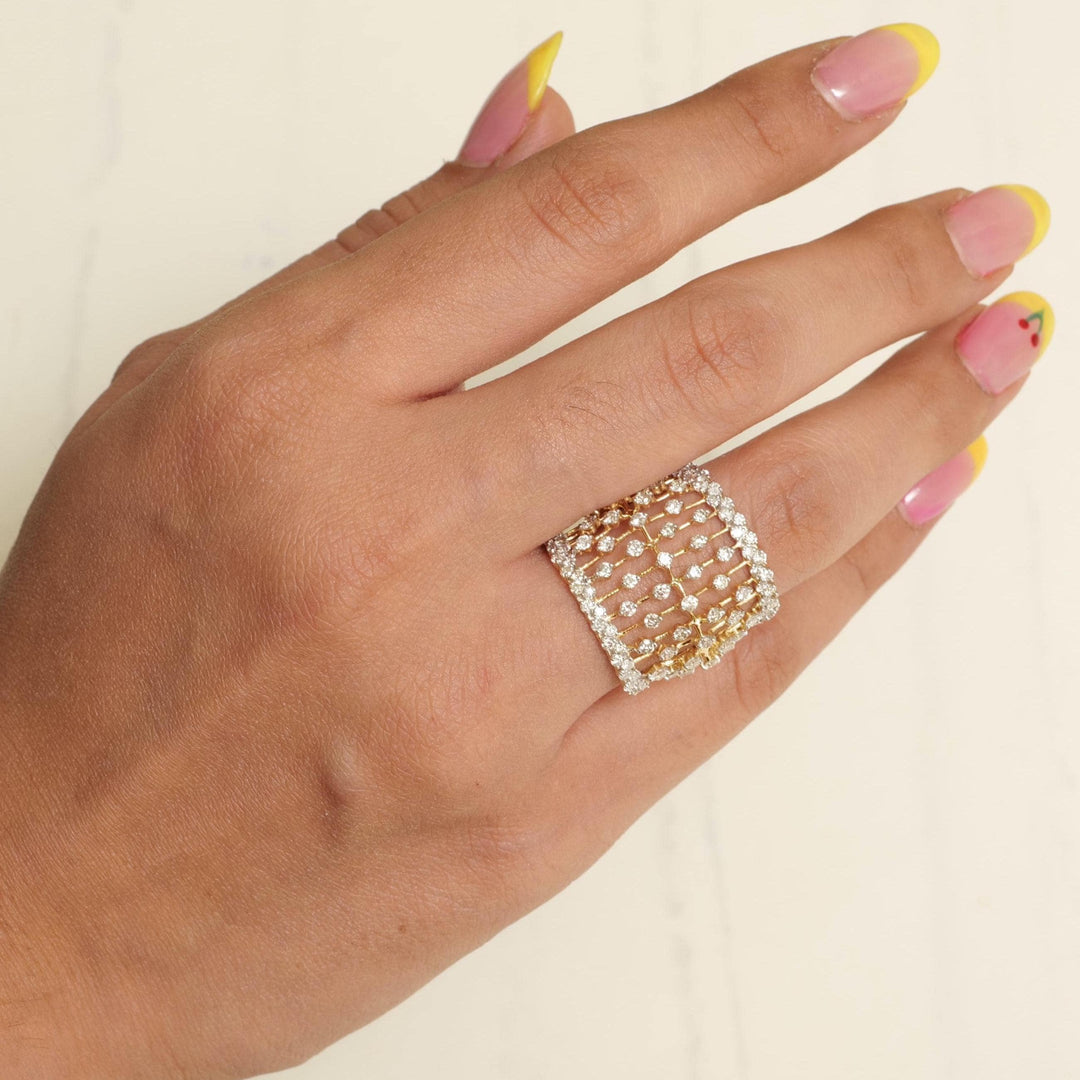 Lattice Openwork Natural Diamond Ring: 14k Solid Gold Cage Cocktail Ring, Certified Jewellery