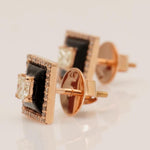 Load image into Gallery viewer, Square Black Enamel Natural Diamond Stud Earrings: 14k Solid Gold Princess Halo Stud Jewellery, Certified Jewelry
