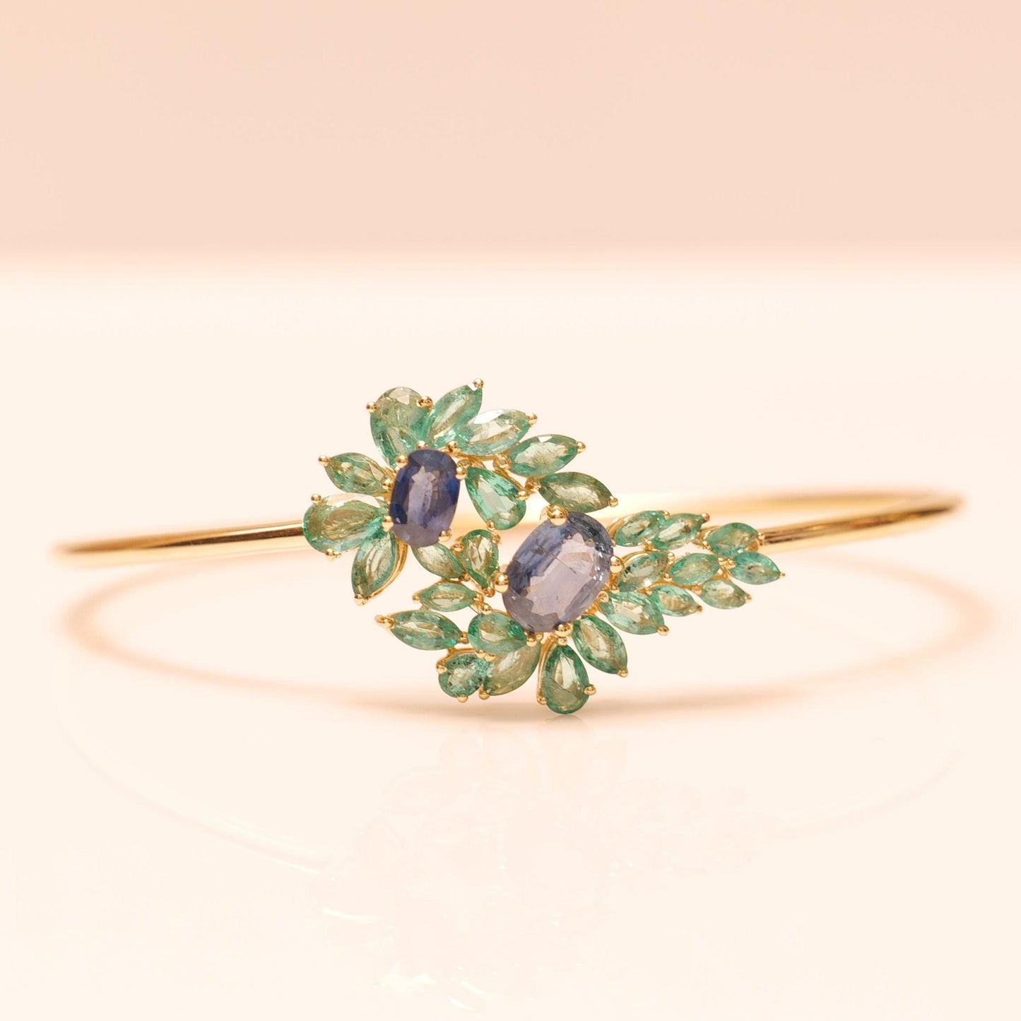 Natural Emerald Sapphire Floral Cuff Bracelet: 14K Solid Gold Gemstone Statement Jewellery, Certified Jewelry