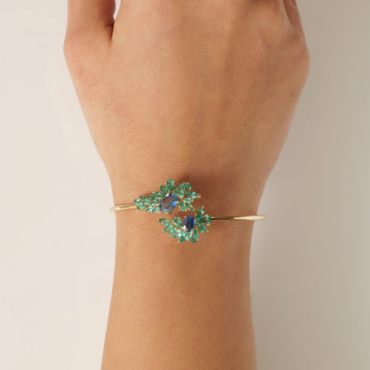 Natural Emerald Sapphire Floral Cuff Bracelet: 14K Solid Gold Gemstone Statement Jewellery, Certified Jewelry