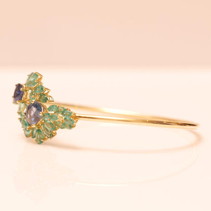 Natural Emerald Sapphire Floral Cuff Bracelet: 14K Solid Gold Gemstone Statement Jewellery, Certified Jewelry