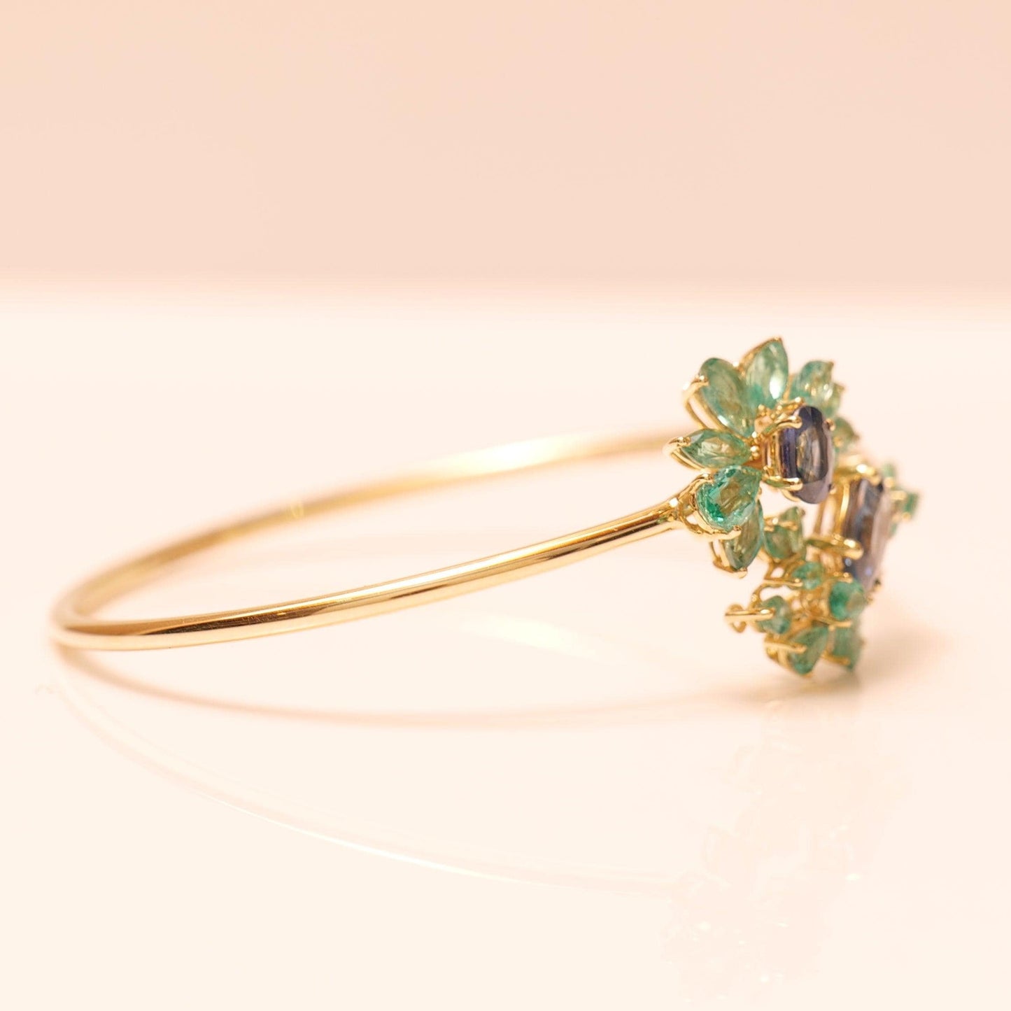 Natural Emerald Sapphire Floral Cuff Bracelet: 14K Solid Gold Gemstone Statement Jewellery, Certified Jewelry