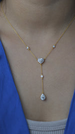 Load and play video in Gallery viewer, Heart Pear Diamond Drop Lariat Necklace, 14k Solid Gold, Natural Diamonds, Statement Layering Necklace, Bridal Drop Chain, Certified Jewelry

