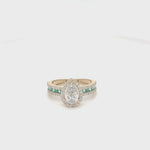 Load and play video in Gallery viewer, Pear Halo Diamond Ring: 14K Gold, Emerald Band, Certified
