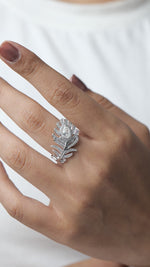 Load and play video in Gallery viewer, Peacock Feather Diamond Ring: 14k Gold Pear Halo Cocktail Jewelry
