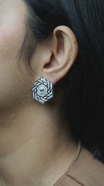 Load and play video in Gallery viewer, 14k Gold Hexagon Diamond Stud Earrings: Emerald Cut Halo, Enamel Accent
